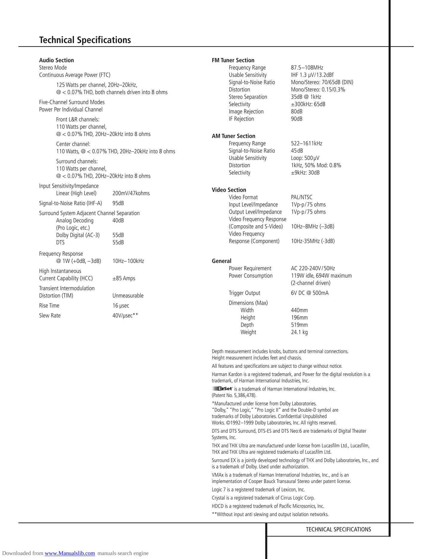 Harman/ Kardon AVR8500 Audio/ Video Receiver Service Manual (Pages: 91)