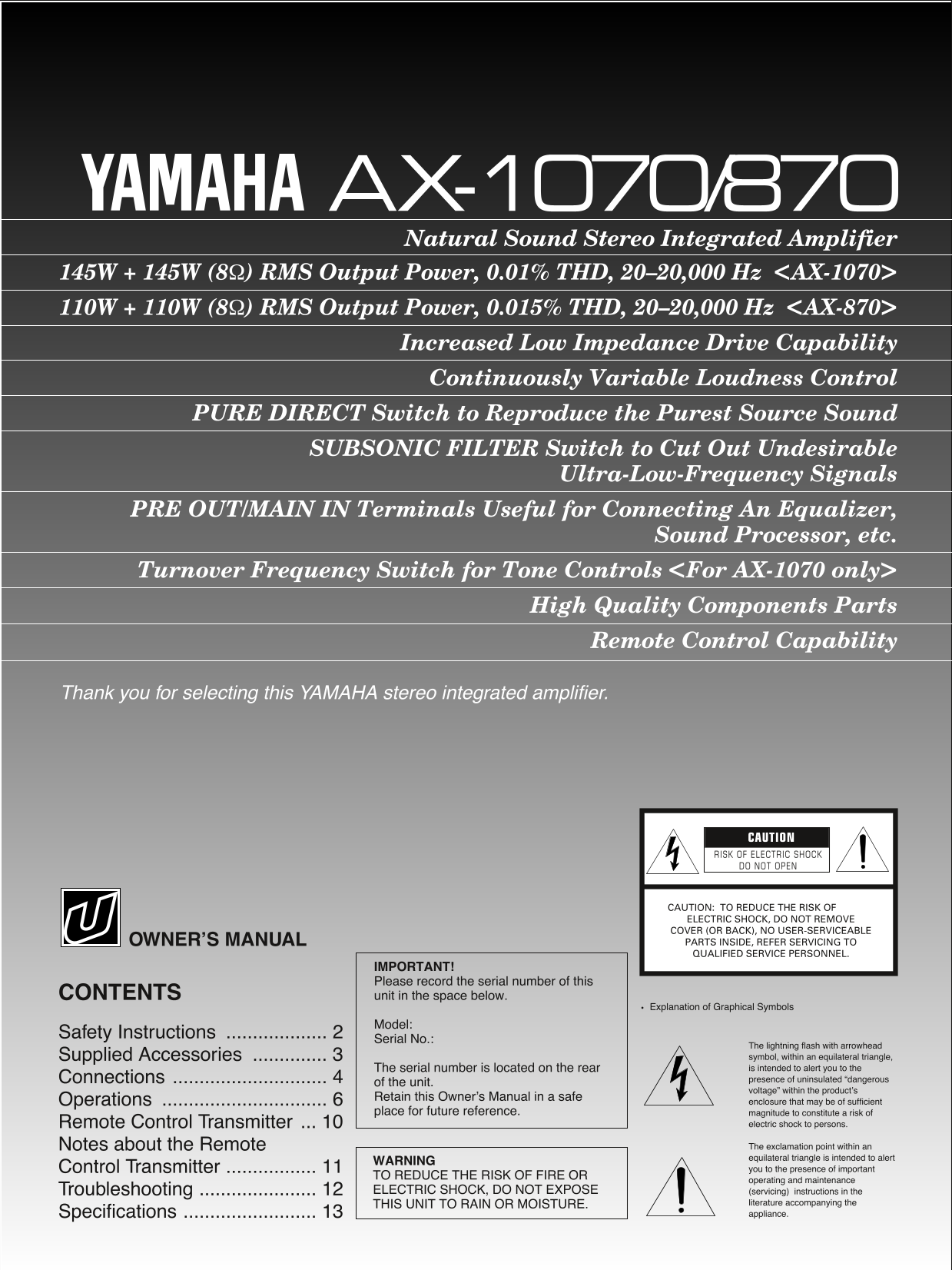 Yamaha AX-1070 & AX-870 Amplifier Owner's/ User Manual (Pages: 16)