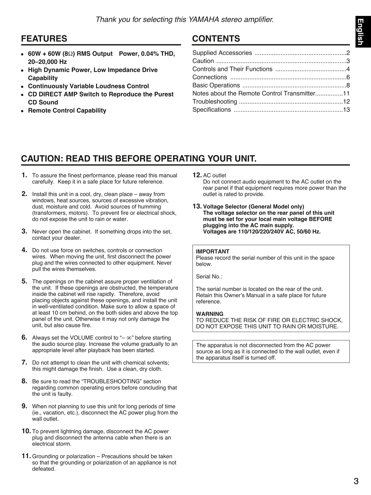 Yamaha AX-390 Amplifier Owner's/ User Manual (Pages: 14)