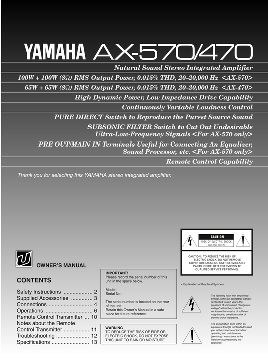 Yamaha AX-470 & AX-570 Amplifier Owner's/ User Manual (Pages: 14)