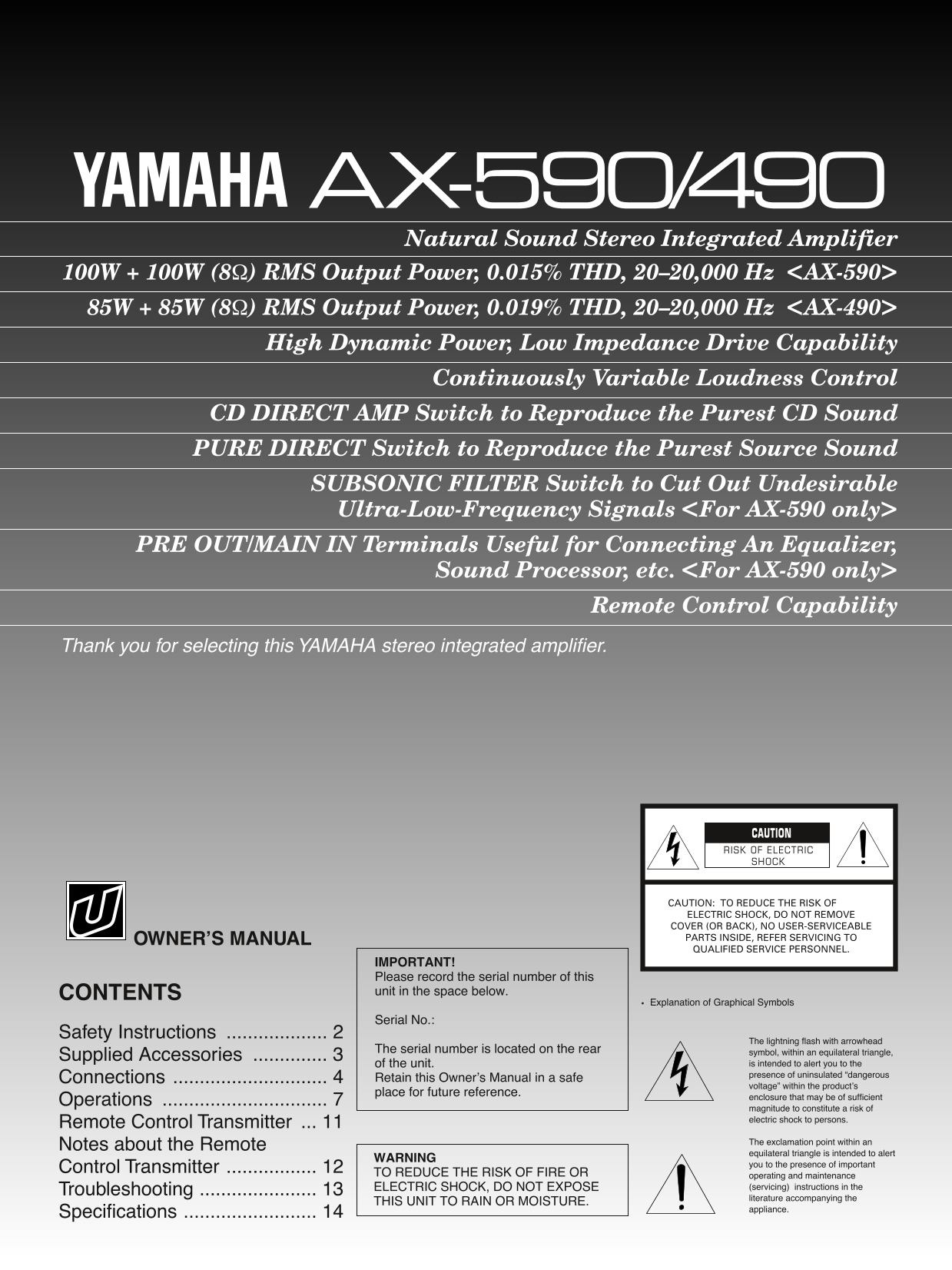 Yamaha AX-490 & AX-590 Amplifier Owner's/ User Manual (Pages: 15)