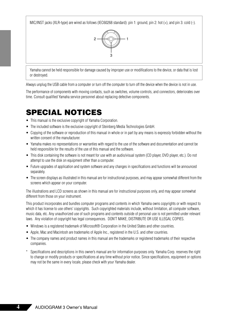 Yamaha AudioGram 3 USB Audio Interface Owner's/ User Manual (Pages: 26)