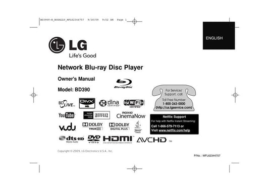 LG BD390 Blu-Ray DVD Player Operating Manual