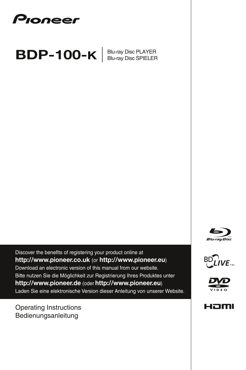 Pioneer BDP-100-K Blu-Ray Player Owner/ User Manual (Pages: 46)