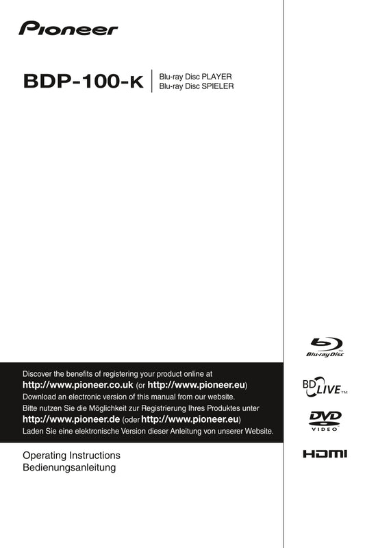 Pioneer BDP-100-K Blu-Ray Player Owner/ User Manual (Pages: 46)