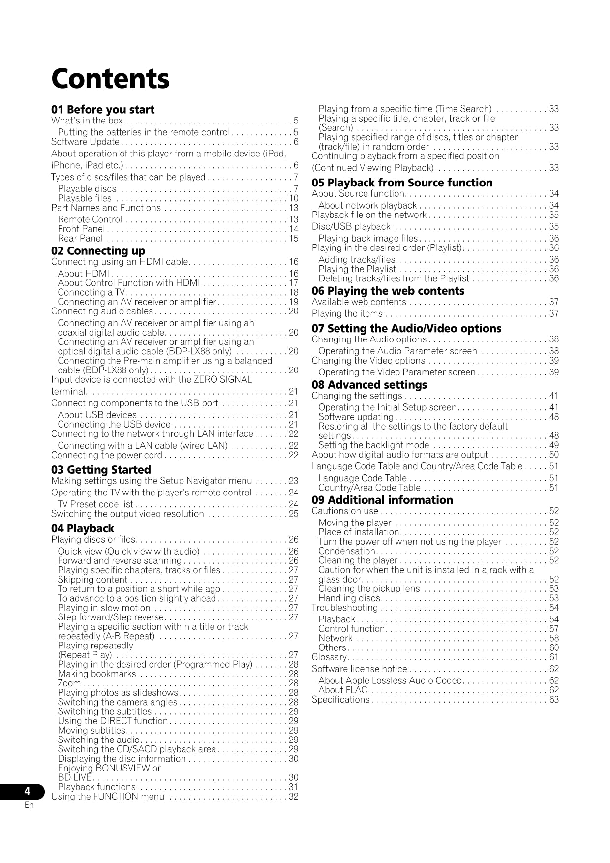 Pioneer BDP-LX58 & BDP-LX88 Blu-Ray Player Owner/ User Manual (Pages: 64)