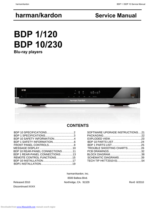 Harman/ Kardon BDP 1, 10, 120 & 230 Blu-Ray Player Service Manual (Pages: 54)