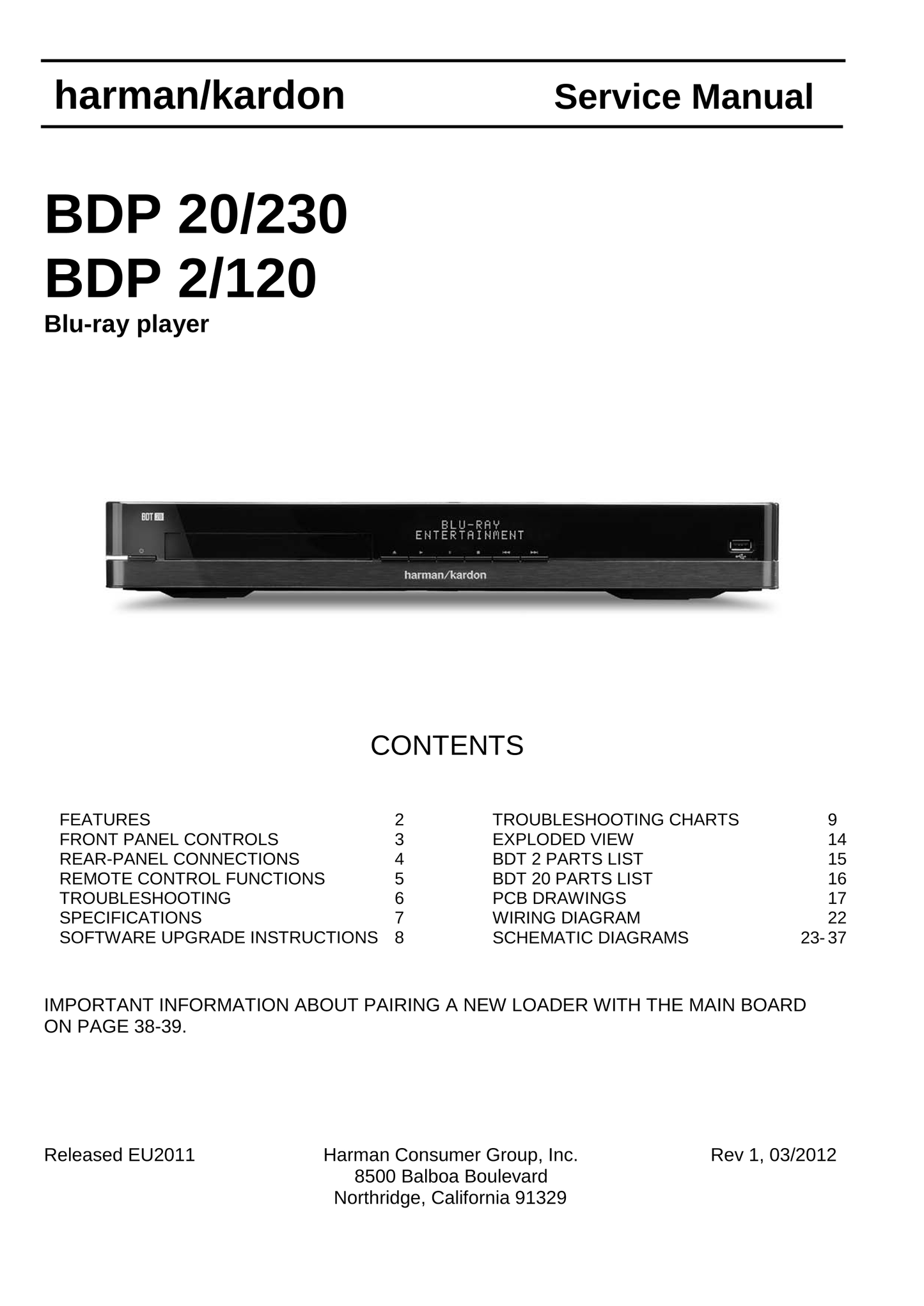 Harman/ Kardon BDP 2, 20, 120 & 230 Blu-Ray/ DVD Player Service Manual (Pages: 39)