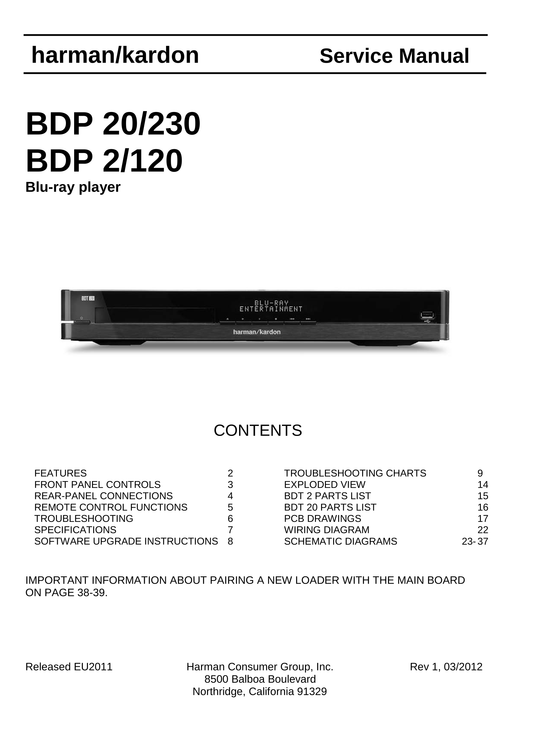 Harman/ Kardon BDP 2, 20, 120 & 230 Blu-Ray/ DVD Player Service Manual (Pages: 39)