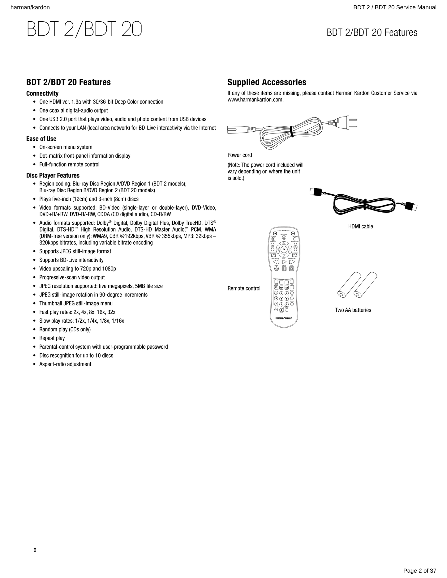 Harman/ Kardon BDP 2, 20, 120 & 230 Blu-Ray/ DVD Player Service Manual (Pages: 39)