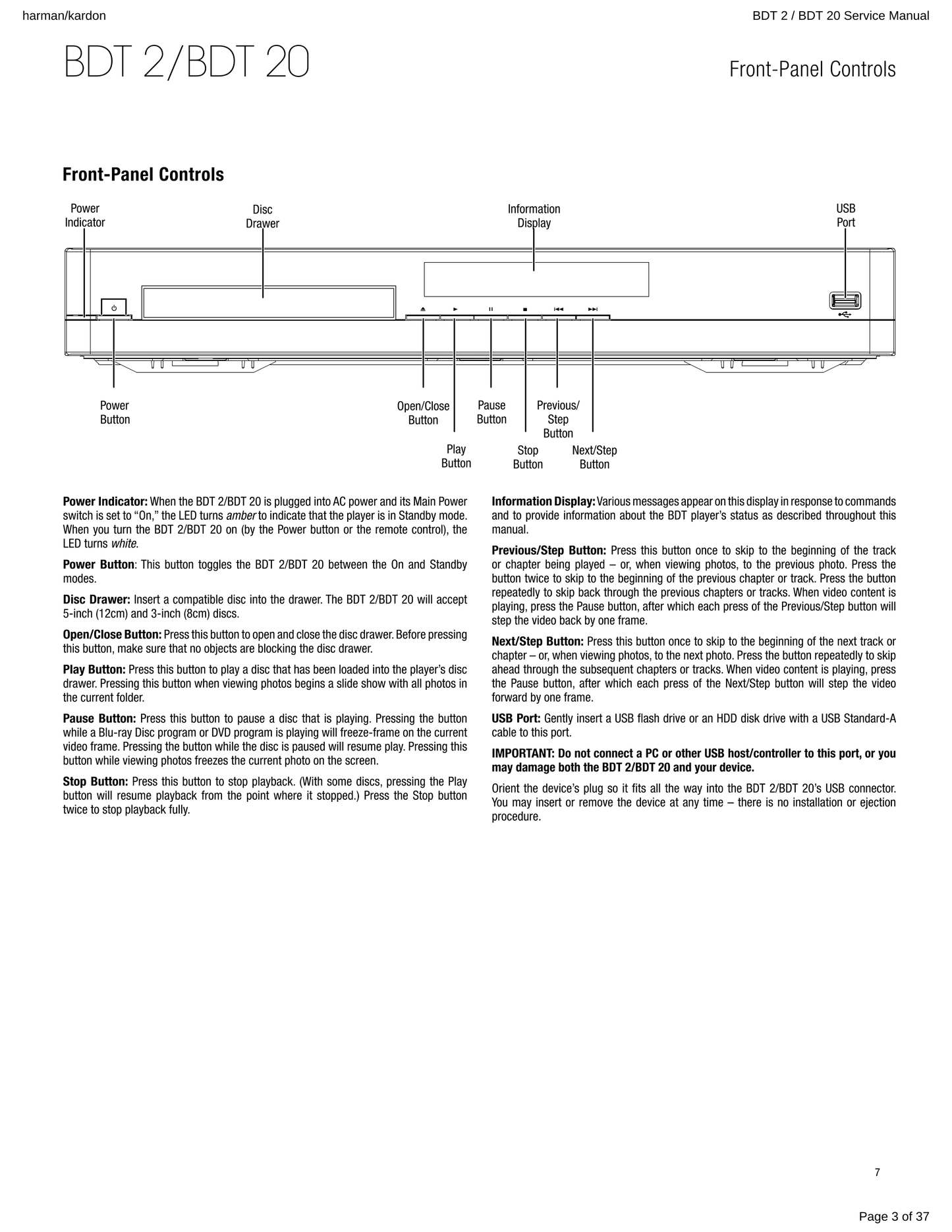 Harman/ Kardon BDP 2, 20, 120 & 230 Blu-Ray/ DVD Player Service Manual (Pages: 39)