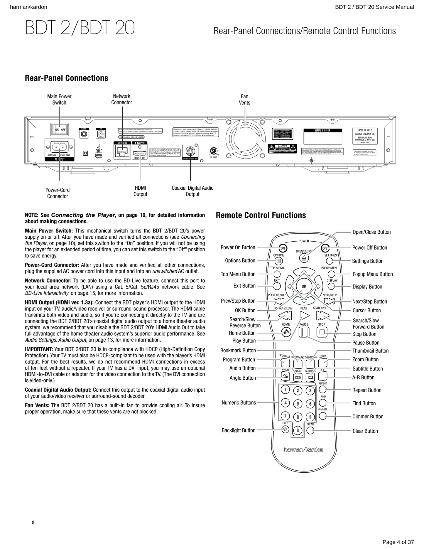 Harman/ Kardon BDP 2, 20, 120 & 230 Blu-Ray/ DVD Player Service Manual (Pages: 39)