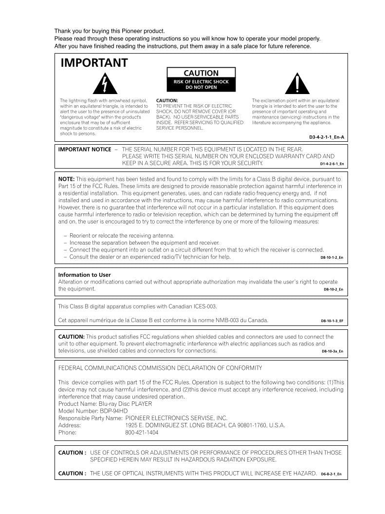 Pioneer BDP94HD Audio System Operating Manual