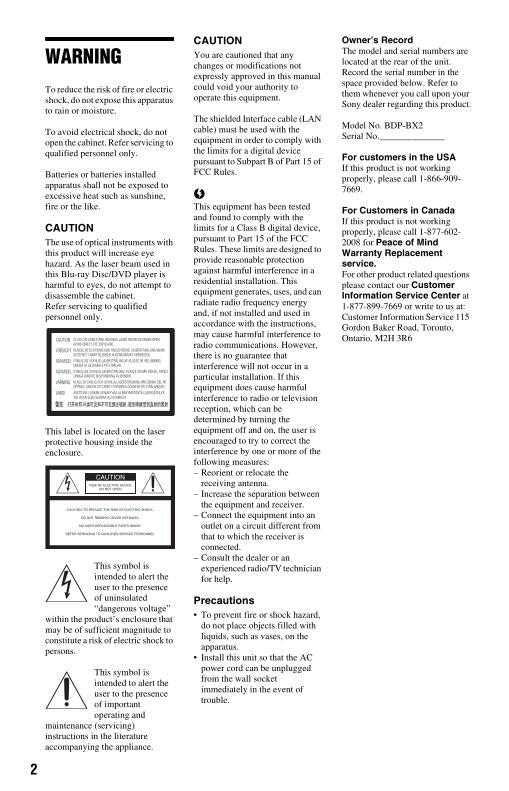 Sony BDPBX2 Blu-Ray DVD Player Operating Manual