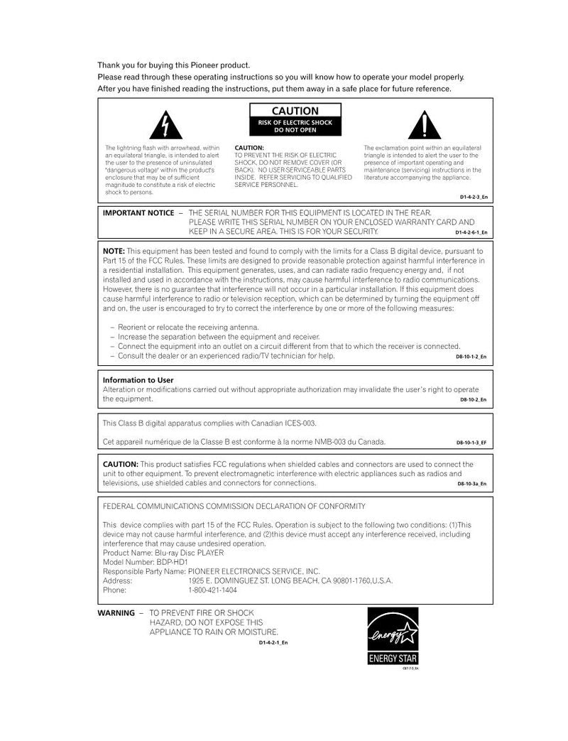 Pioneer BDPHD1 Blu-Ray DVD Player Operating Manual