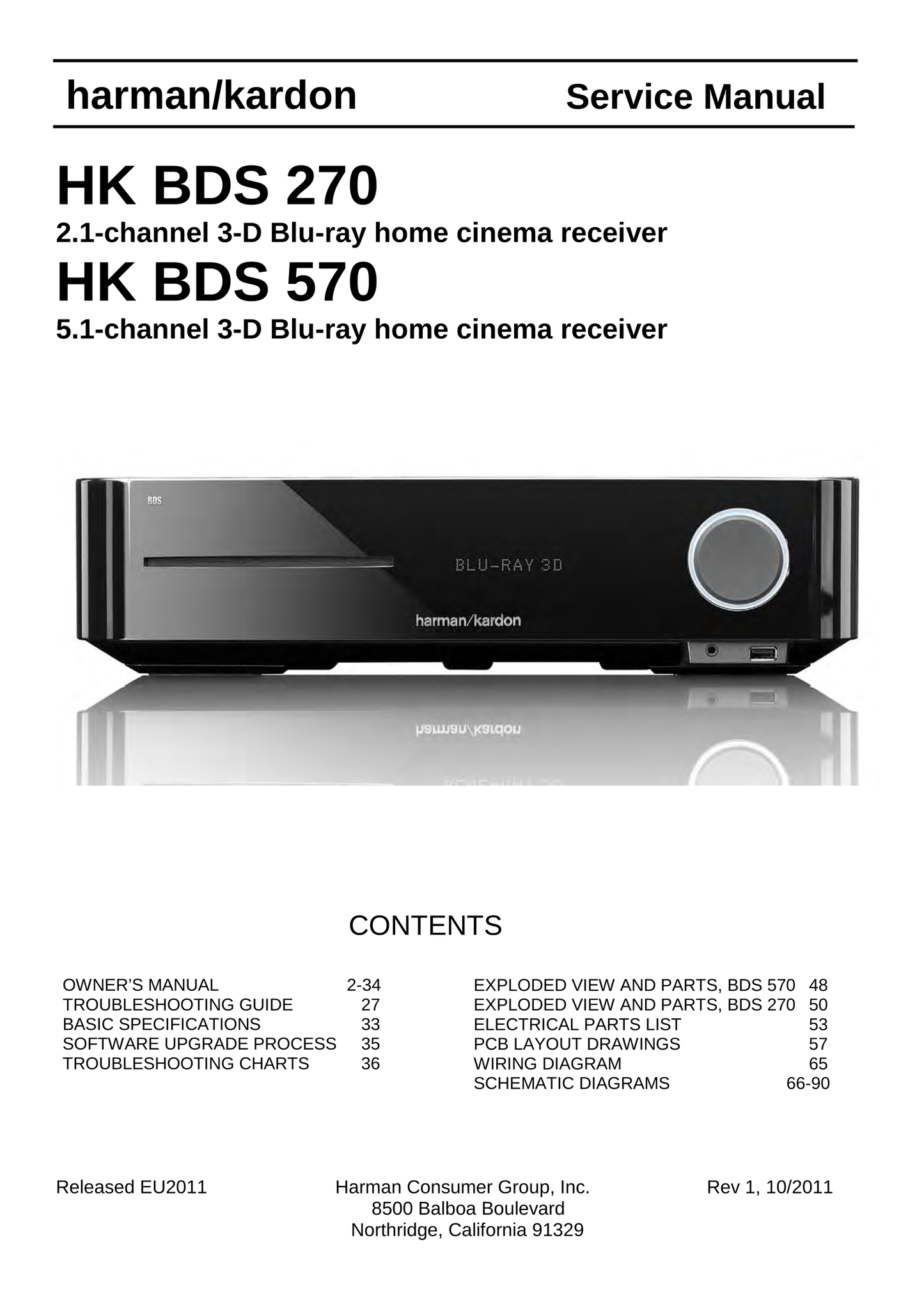 Harman/ Kardon BDS 270 & 570 Blu-Ray Player Receiver Service Manual (Pages: 90)