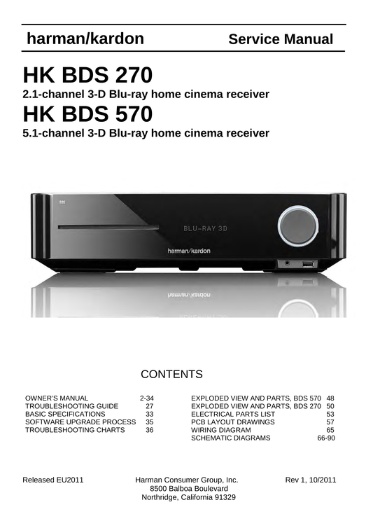 Harman/ Kardon BDS 270 & BDS 570 Blu-Ray Player Receiver Service Manual (Pages: 90)