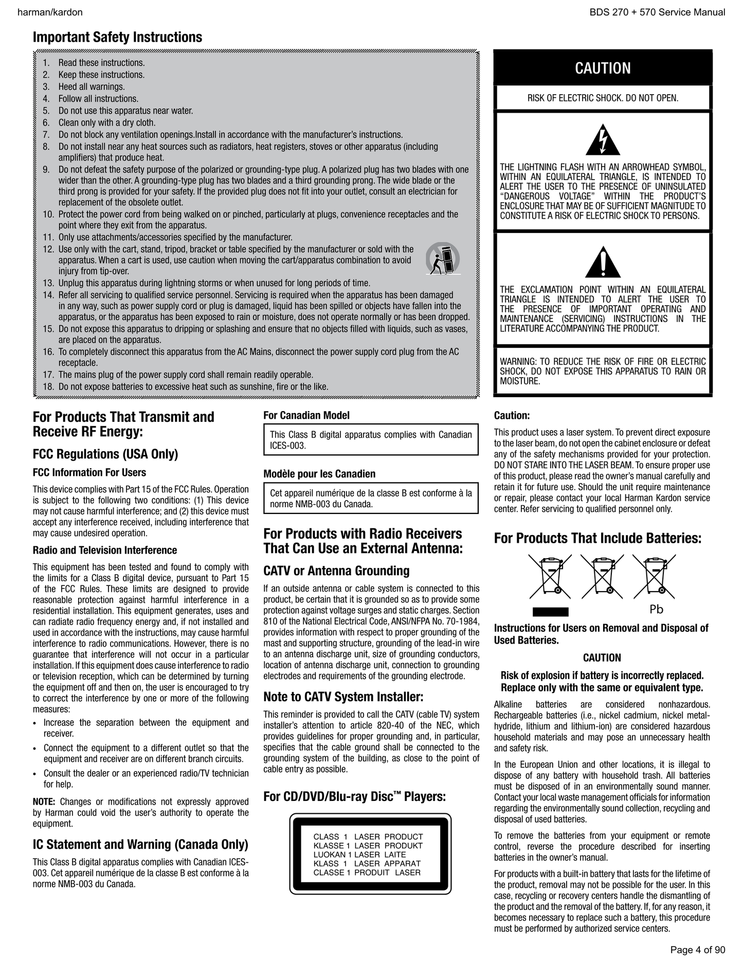 Harman/ Kardon BDS 270 & 570 Blu-Ray Player Receiver Service Manual (Pages: 90)