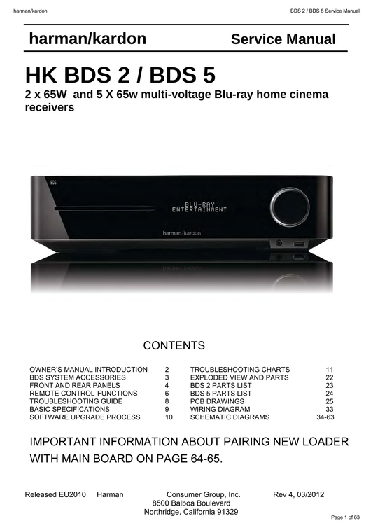 Harman/ Kardon BDS 2 & 5 Blu-Ray/ DVD Player Service Manual (Pages: 65)