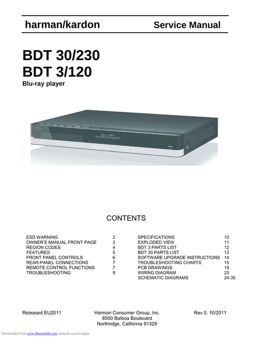 Harman/ Kardon BDT 3, 30, 120 & 230 Blu-Ray Player Service Manual (Pages: 35)