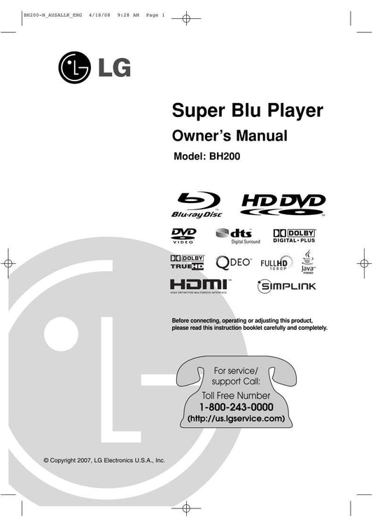 LG BH200 Blu-Ray DVD Player Operating Manual