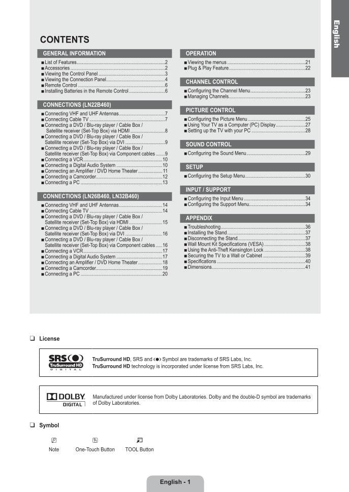 Samsung CS20H2SX/XSE LA32A330J1NXXA LN32B460 TV Operating Manual