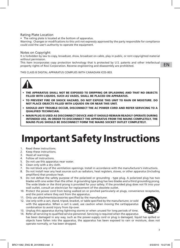 RCA BRC11082 Blu-Ray DVD Player Operating Manual