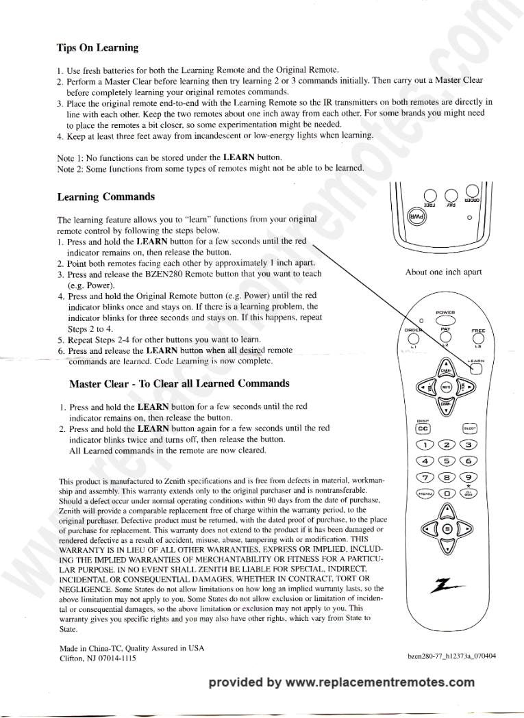 Zenith BZEN280OM TV Operating Manual