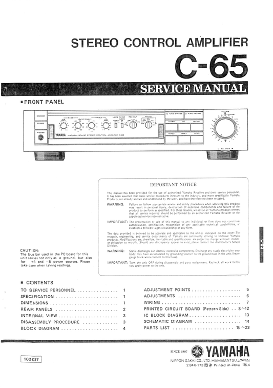 Yamaha C-65 Amplifier Service Manual (Pages: 27)