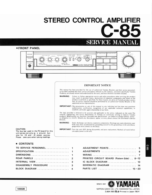 Yamaha C-85 Stereo Control Amplifier Service Manual (Pages: 23)
