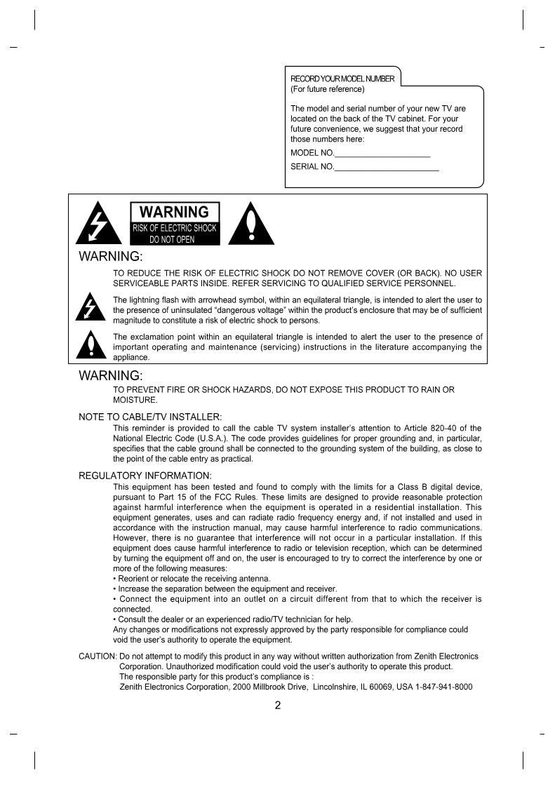 Zenith C27F33 C32F33 TV Operating Manual