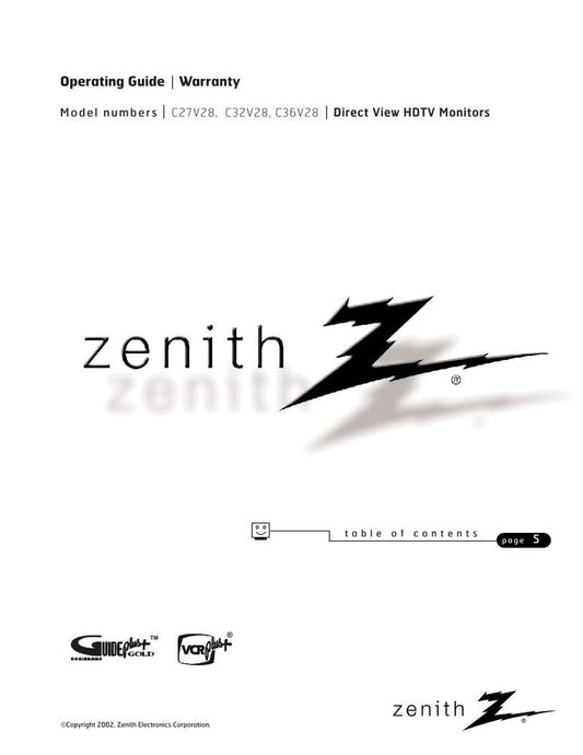 Zenith C27V28 C32V28 C36V28 TV Operating Manual