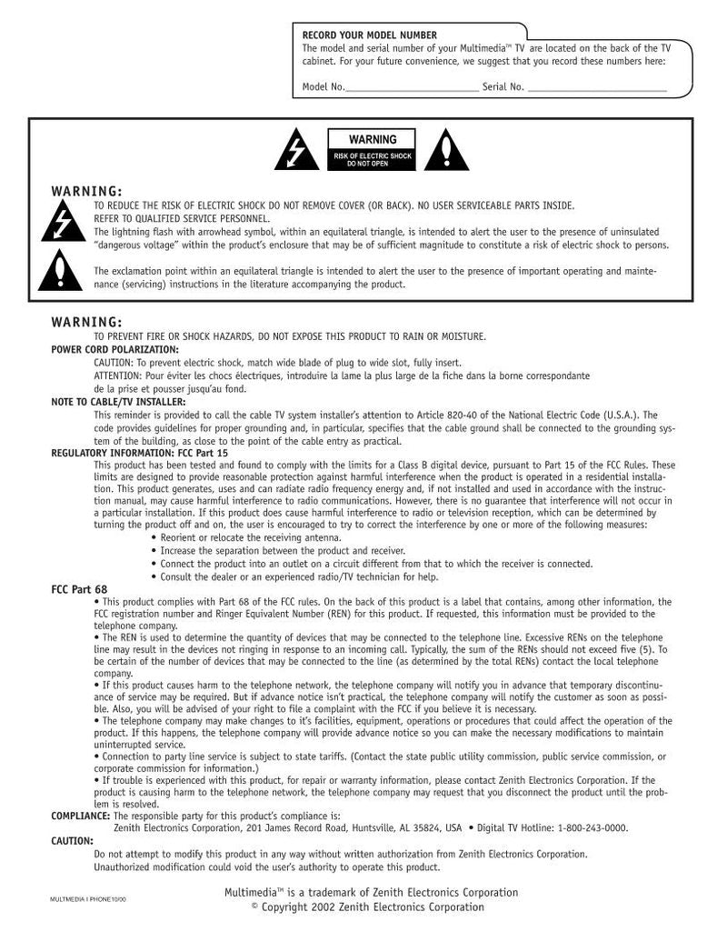 Zenith C27V28 C32V28 C36V28 TV Operating Manual