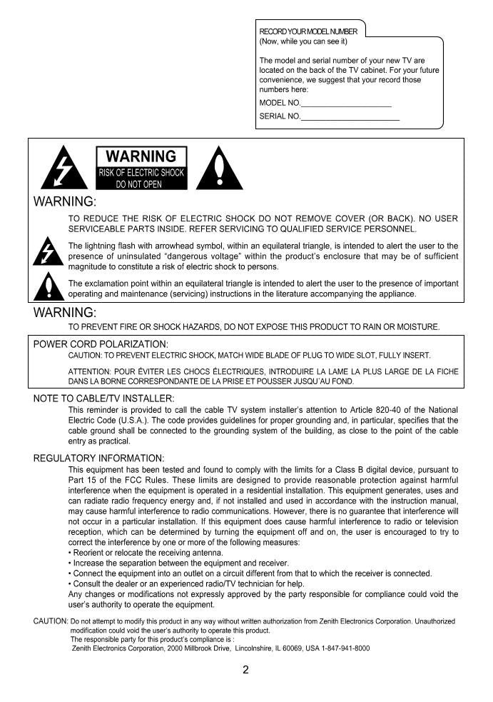 Zenith C27V36 C32V36 TV Operating Manual