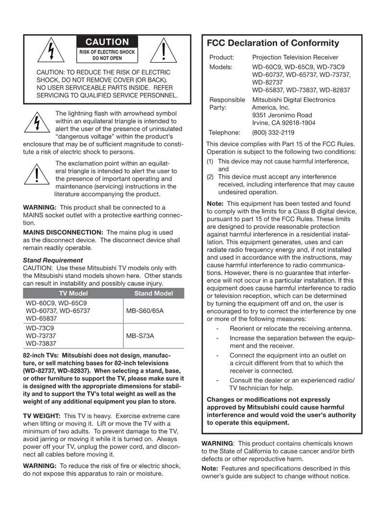 Mitsubishi WD60737 WD60 C 9 WD65737 TV Operating Manual