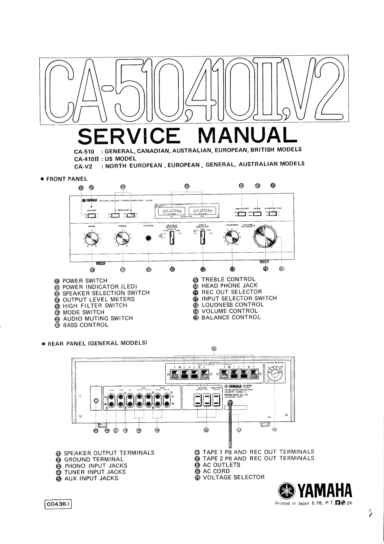 Yamaha CA-410II & CA-510 Stereo Control Amplifier Service Manual (Pages: 26)