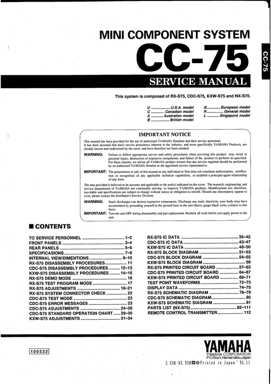 Yamaha CC-75 Audio System Service Manual (Pages: 104)