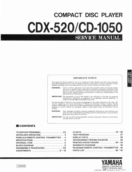 Yamaha CD-1050 & CDX-520 CD Player Service Manual (Pages: 42)