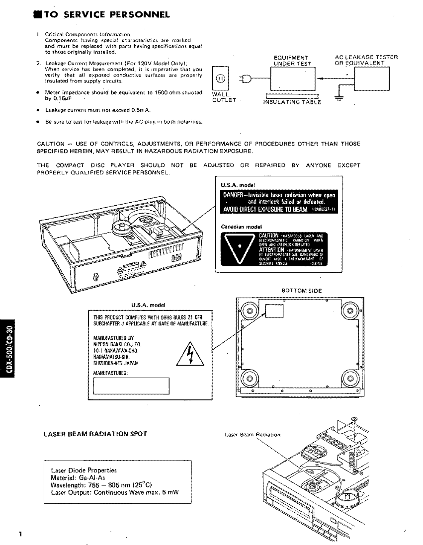Yamaha CD-30 & CDX-500 CD Player Service Manual (Pages: 47)