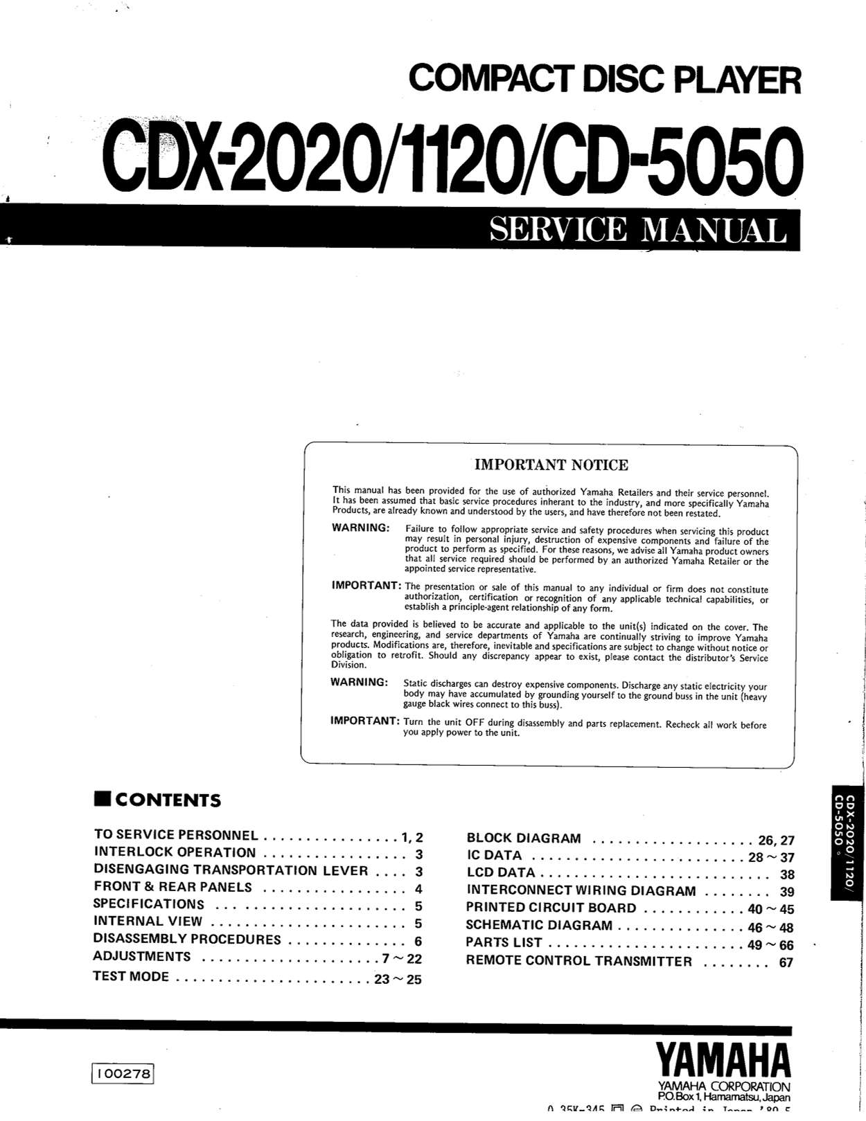Yamaha CD-5050, CDX-1120 & CDX-2020 CD Player Service Manual (Pages: 61)