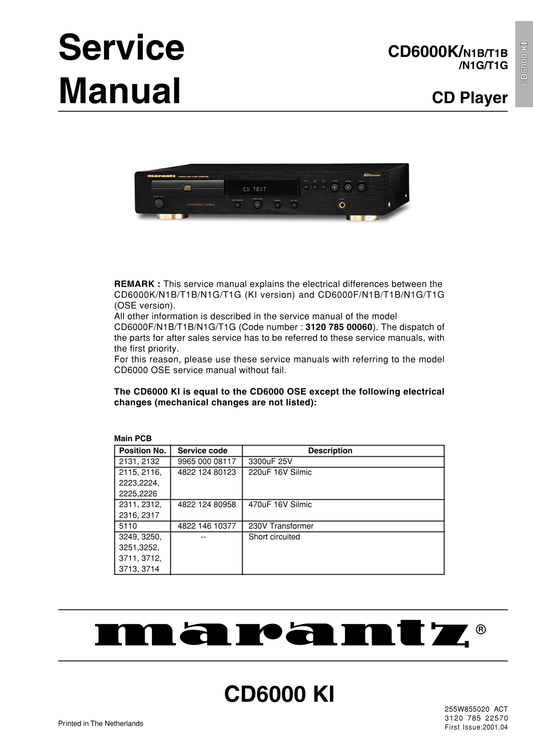 Marantz CD-6000K CD Player Service Manual (Pages: 36)