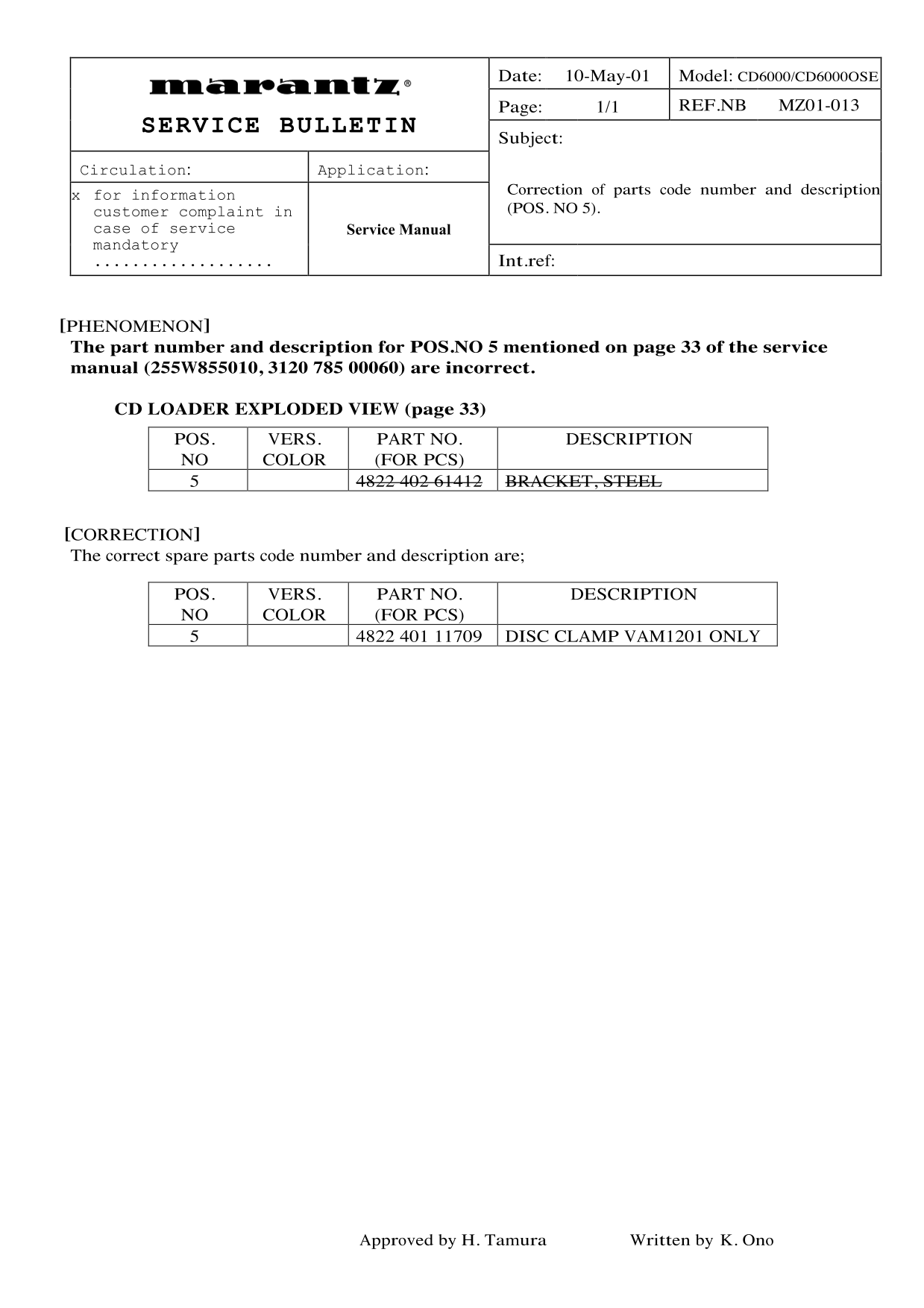 Marantz CD-6000K CD Player Service Manual (Pages: 36)