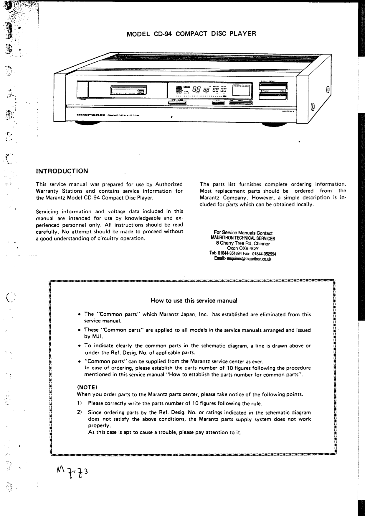 Marantz CD-94 CD Player Service Manual (Pages: 43)