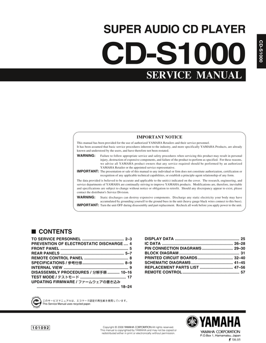 Yamaha CDR-S1000 CD Player Service Manual (Pages: 48)