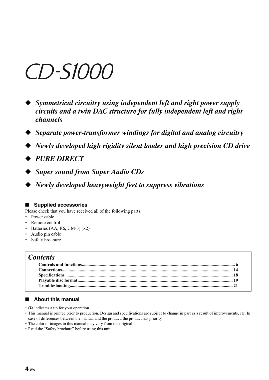 Yamaha CD-S1000 CD Player Owner's/ User Manual (Pages: 29)