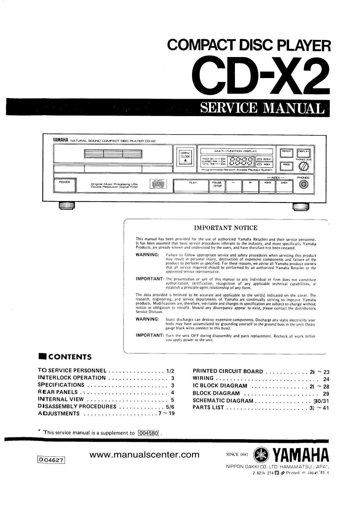 Yamaha CD-X2 CD Player Service Manual (Pages: 40)