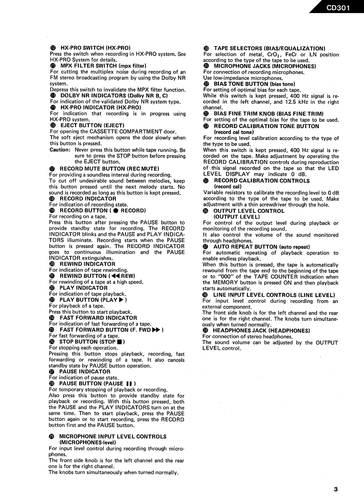 Harman/ Kardon CD301 Ultra Wideband Linear Phase Cassette Deck Owner & Service Manual (Pages: 75)