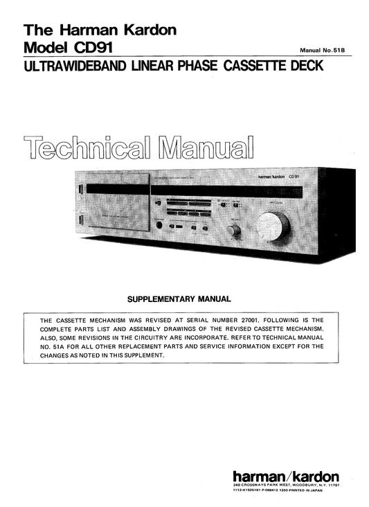 Harman/ Kardon CD91 Ultra Wideband Linear Phase Cassette Deck Service Manual (Pages: 24)