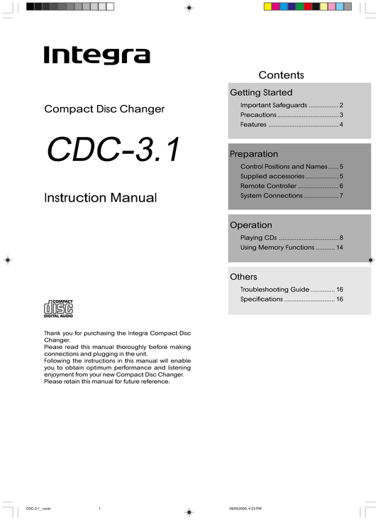 Integra CDC-3.1 CD Player Owner's/ User Manual (Pages: 16)