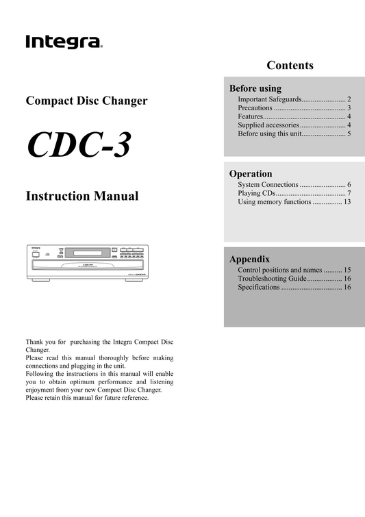 Integra CDC-3.4 CD Player Owner's/ User Manual (Pages: 16)